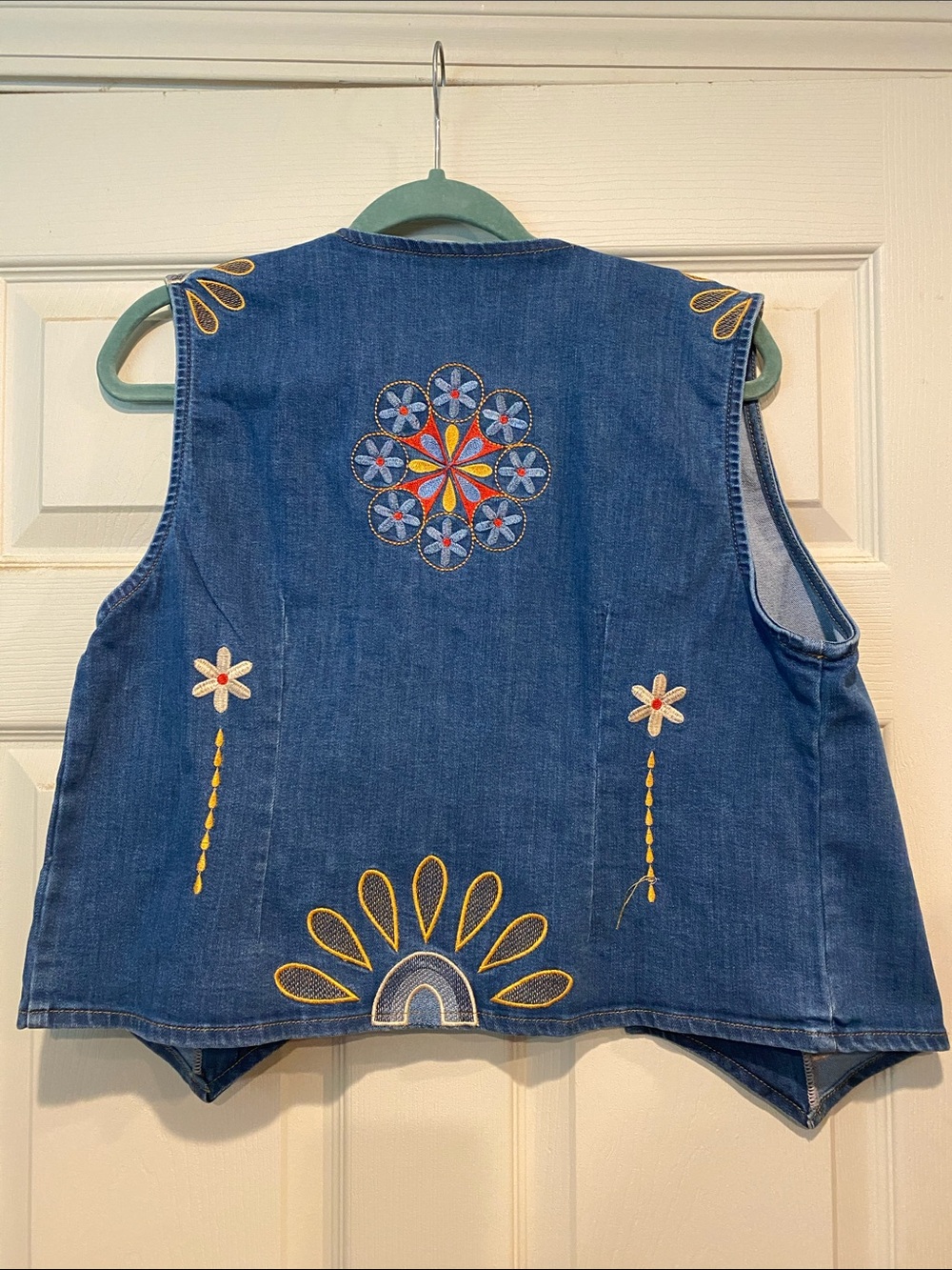 The Hippie Shake Embroidered Denim Vest in Blue with Red, Yellow, Cream Accents - Picture 3 of 5